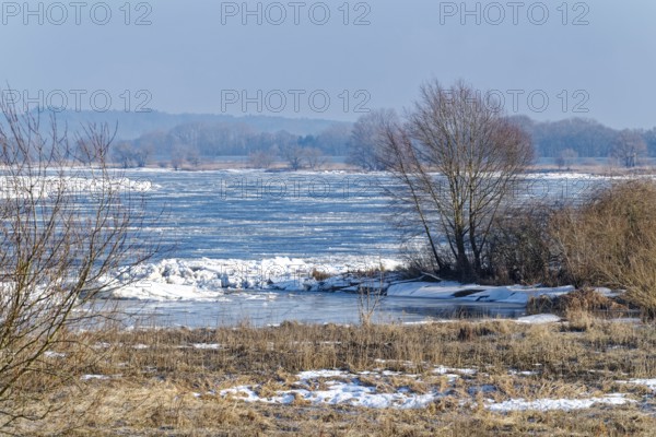 Ice skating on the Elbe and remnants of snow in the foothills of the Elbe on a clear winter day.