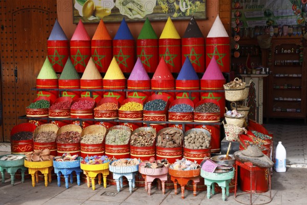 Sales stand selling spices and herbs at a market in Marrakech, historic old town, Medina, UNESCO