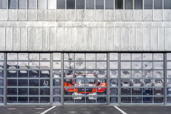 Fire department, fire station, modern guard, silver façade, glass gates, emergency vehicle, fire