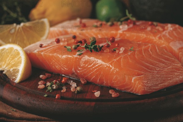 Two salmon fillets rest on a wooden platter. The fillets are garnished with herbs and spices. Lemon