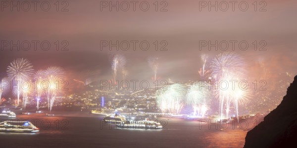 New Year's Eve fireworks, dusk, Atlantic Ocean, harbour with cruise ships, Funchal, Madeira,