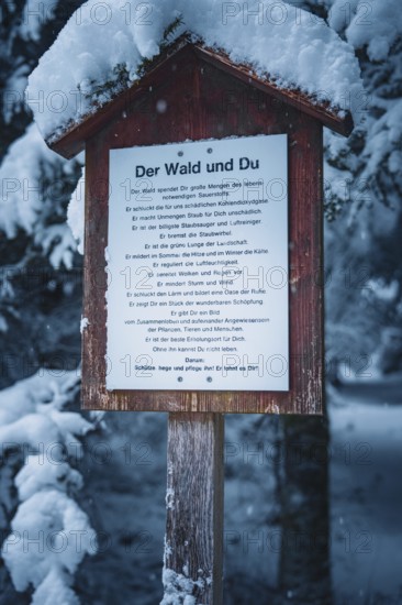 A snowy wooden sign in the forest against the backdrop of snow-covered trees, Broom Field, Black