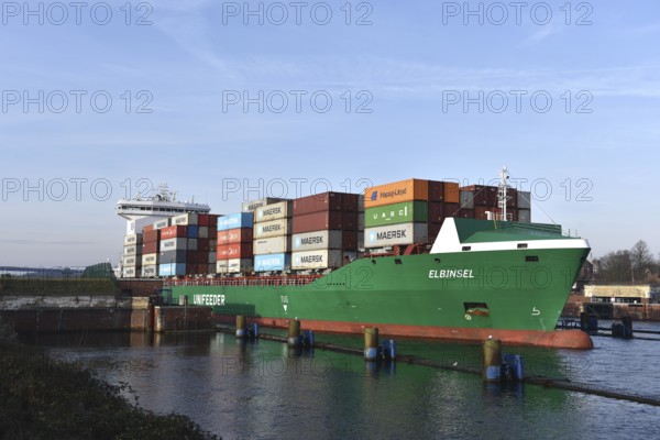 Container ship ELBINSEL leaves Kiel-Holtenau lock and sails to Kiel Fjord, Schleswig-Holstein,