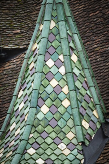 Spitzer Tower with green, glazed roof tiles, Protestant Seminary, Blaubeuren, Swabian Jura,