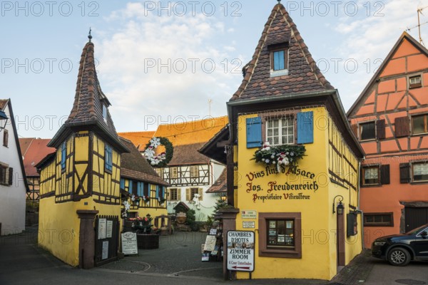 Christmassy decorated houses and alley with half-timbered houses, Christmas market, Eguisheim,