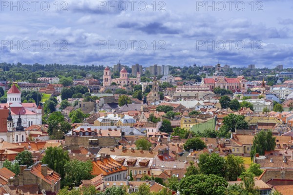 View over red rooftops, cathedral and churches in the Old Town of Vilnius, Vilniaus senamiestis,