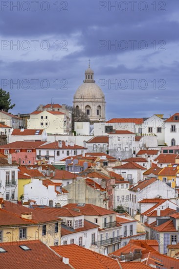 View over rooftops, apartments and the National Pantheon in Alfama, oldest neighborhood in the city