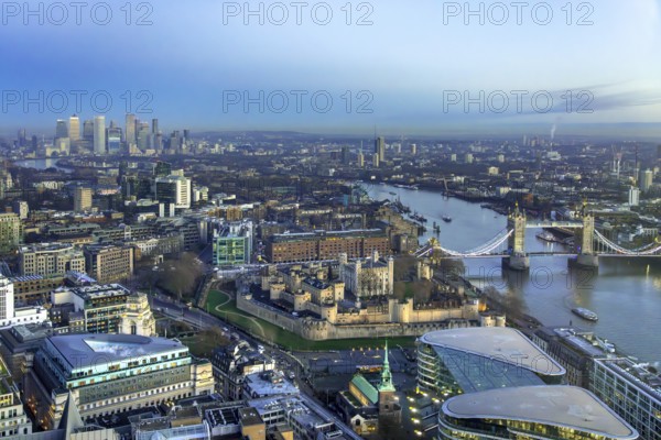 Aerial view from Sky Garden over the Tower of London, Tower Bridge, River Thames and city skyline