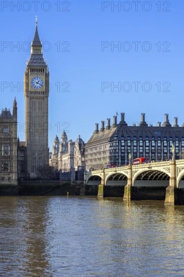 Westminster Bridge over River Thames and Elizabeth Tower, Big Ben, Great Bell of the Great Clock of