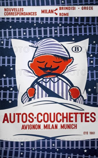 1961 vintage railway poster by Capouillard advertising Autos-Couchettes, long-distance overnight