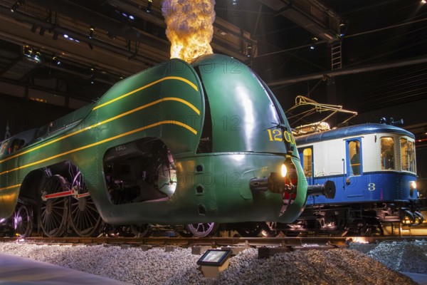 1939 steam locomotive type 12 Atlantic and AM 35 on display at Train World, railway museum in