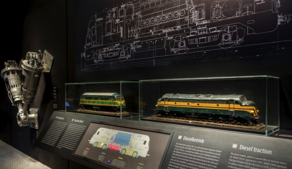 Model trains on display diesel traction explanation at Train World, railway museum in Schaerbeek,