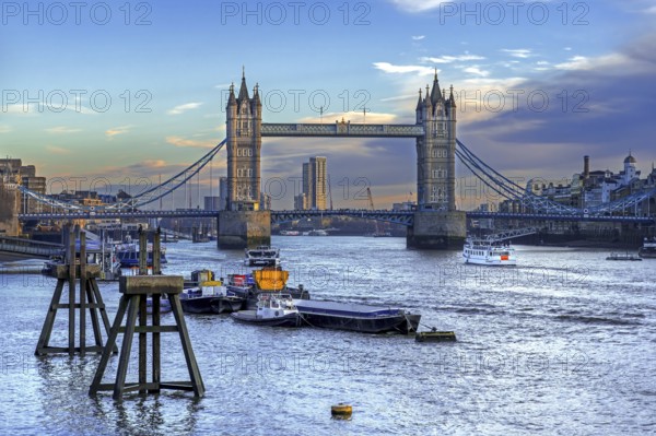 19th century Tower Bridge, neo-Gothic bascule / suspension bridge crossing the River Thames in the