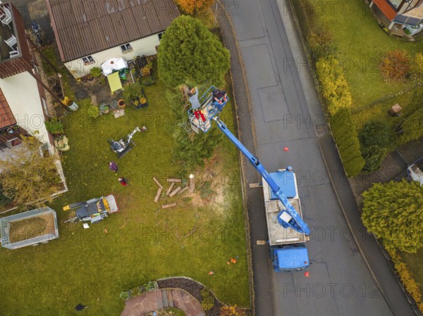Work scene viewed from above with lift and vehicle on a green area in the suburbs, tree work,