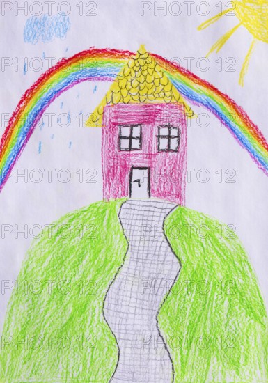 Naive illustration, children's drawing, residential building with rainbow, rain and sunshine,