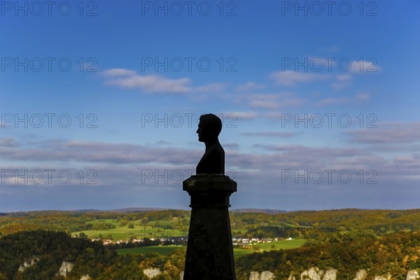 Wilhelm Hauff memorial, rocks above the Echaz Valley, monument from 1839, obelisk with bronze bust,