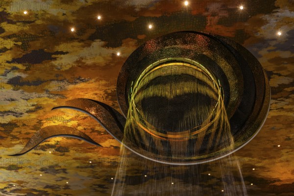 Artificial, brightly lit waterfall, Magic Waterfall, falls from the ceiling of the Iconsiam