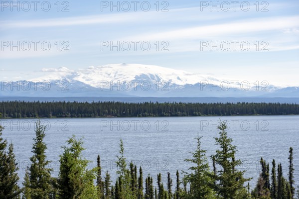 Lake Willow Lake, taiga landscape with high glaciated mountain peak Mount Wrangell, Wrangell