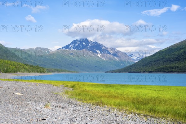 Lake and mountains, Eklutna Lake, Chugach Mountains, Chugach State Park, Alaska, USA