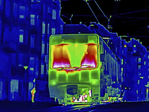 Thermal image or thermography, symbolic photo, interpolated. Light rail travel in urban areas.