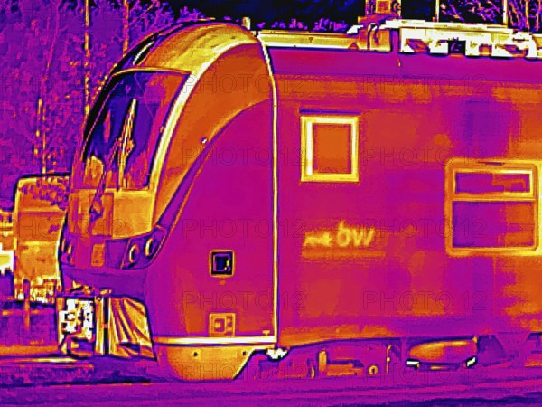 Locomotive in the train station. Thermal image or thermography, symbolic photo, interpolated.