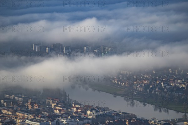 Aerial view of the city of Heidelberg on the Neckar, fog landscape of low-hanging clouds and fog