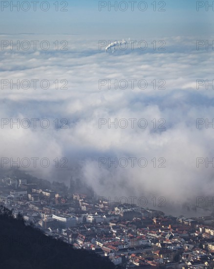 Aerial view of the city of Heidelberg on the Neckar, sea of fog from low-hanging clouds and fog