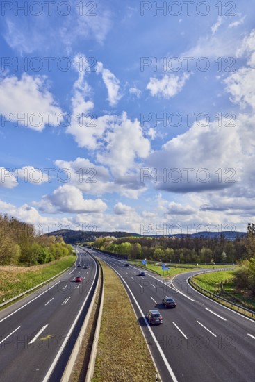 Hilly landscape, motorway exit AS Bessenbach Waldaschaff, lanes, guide post, guardrail, medium