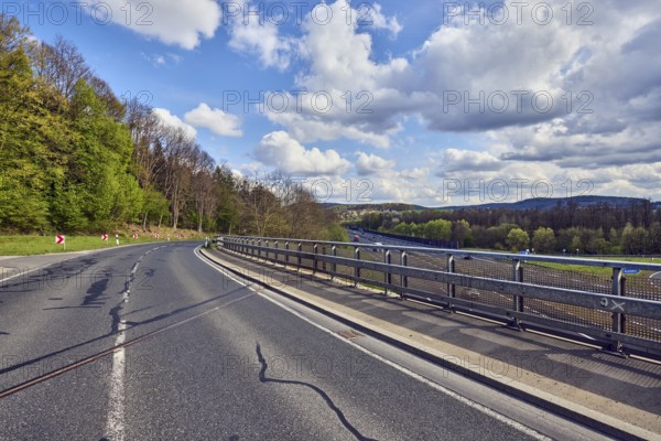 Road, curve, guide post, guardrail, center line, car bridges, metal railings, highway, hilly