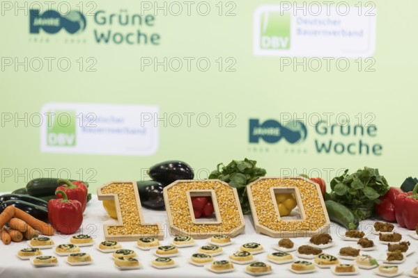 Maize in the form of 100 on the stand of the German Farmers' Association during the opening tour of
