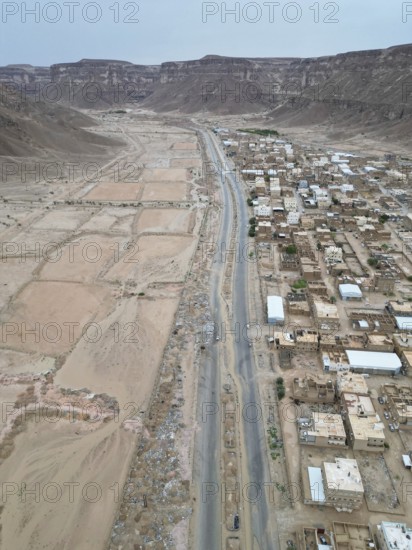 In Seiyun, Yemen on January 09, 2026, aerial drone footage shows the city of Seiyun in southern