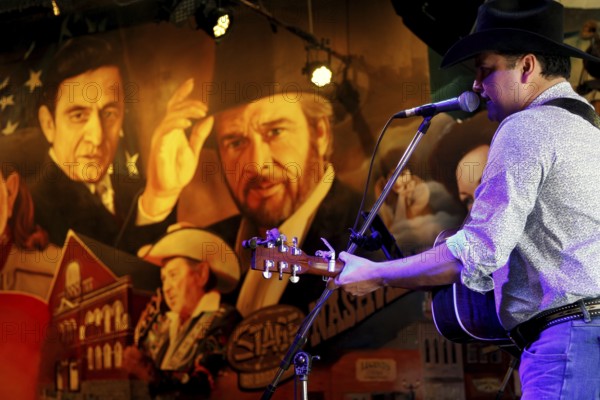 Musician playing guitar in front of detailed wall art with nostalgic flair, Nashville, Tennessee,