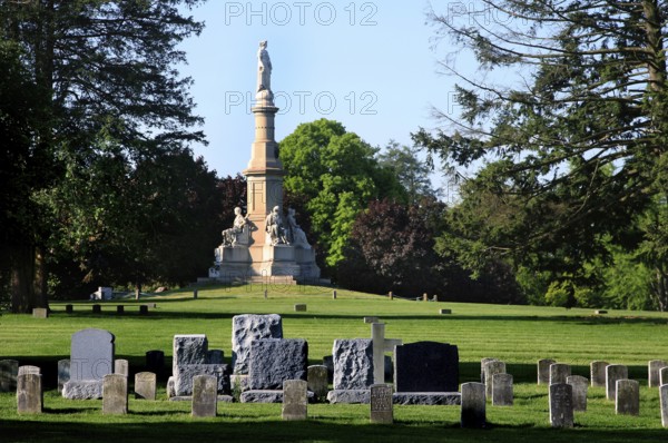 The national cemetery in Gettysburg with monument and well-maintained grounds, Gettysburg,