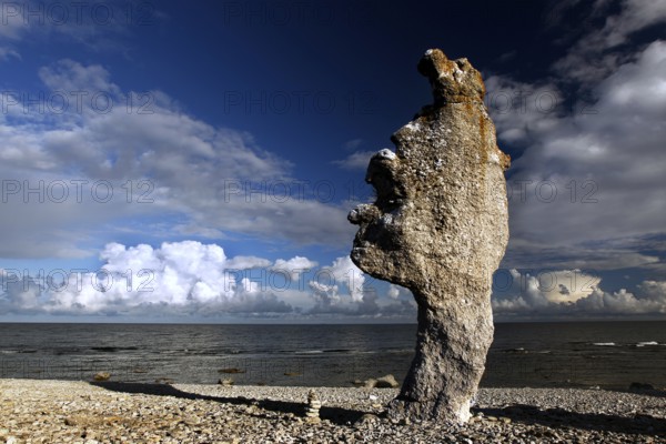 Single limestone column rises on the coast of Langhammars, Langhammars, Fårö, Sweden