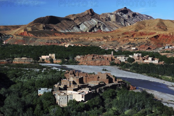 Panorama of Valley of Roses with traditional architecture and green landscape, El Kelâa m'Gouna,