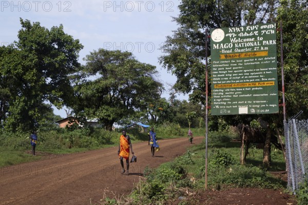 Entrance to Mago National Park with large information sign, Mago National Park, null, Ethiopia