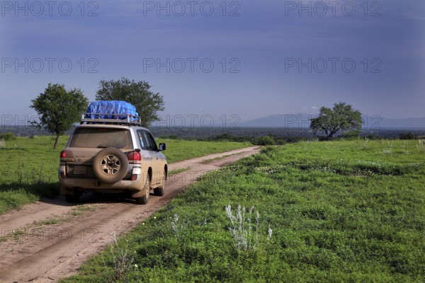 A land cruiser rides on a track through the tree savanna, Murle, Ethiopia