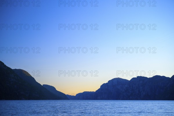 Mountain landscape at Lysefjord in soft morning light with clear sky, Lysefjord, Rogaland, Norway