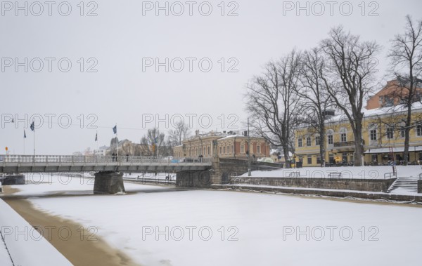 Auransilta bridge crossing the Aurajoki river, winter Turku or Swedish Åbo, Varsinais-Suomi,