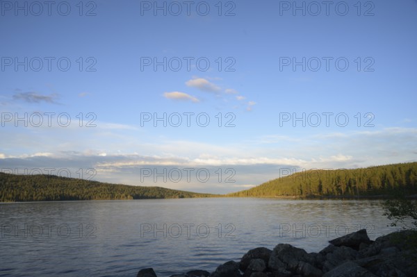 Extensive view of peaceful Lake Gutulsjön under clear evening sky, Gutulia National Park, Engerdal,