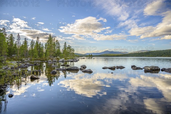 Mirror-clear water surface of the lake with reflection of trees and clouds, Gutulia National Park,