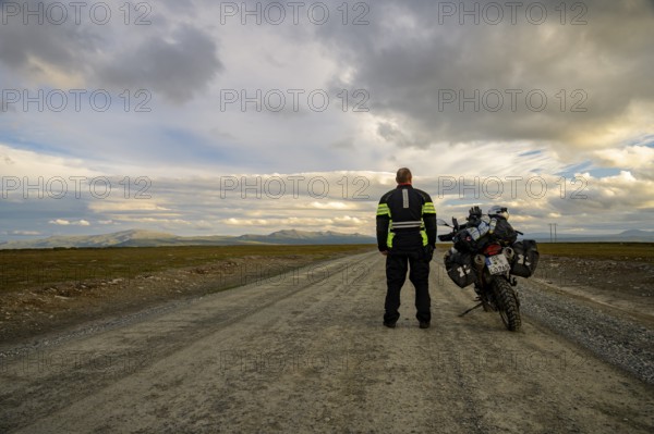 Falkvålen, Bruksvallarna, Jämtland, Sweden, BMW G 650 GS Sertao Enduro motorcyclist standing next