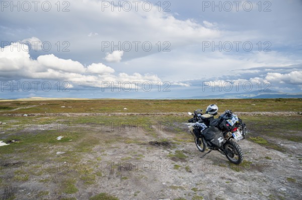 Falkvålen, Bruksvallarna, Jämtland, Sweden, BMW G 650 GS Sertao enduro motorcycle on a wide area