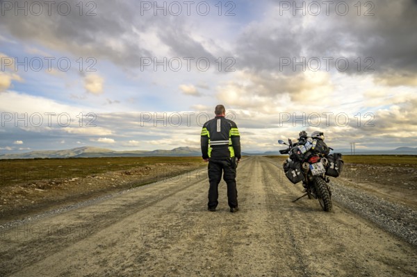 Falkvålen, Bruksvallarna, Jämtland, Sweden, BMW G 650 GS Sertao Enduro motorcyclist standing on a