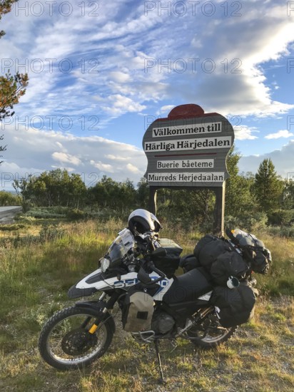 Funäsdalen, Jämtlands län, Sweden, BMW G 650 GS Sertao Enduro motorcycle is standing at a welcome