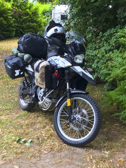 Bad Bramstedt, Schleswig-Holstein, Germany, loaded BMW G 650 GS Sertao Enduro motorcycle with