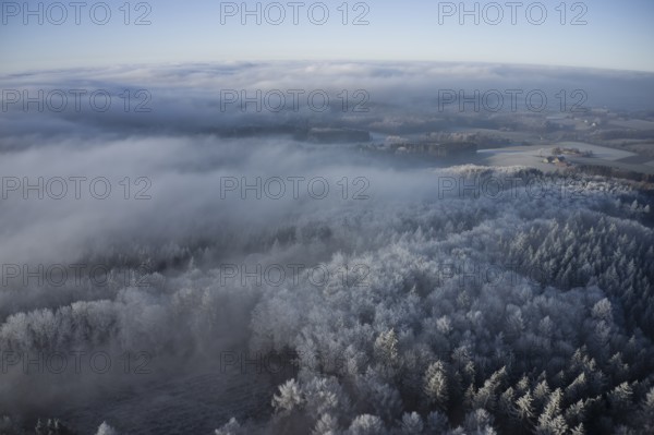 View over the Teutoburg Forest in winter near hoarfrost, Holland, Borgholzhausen, North