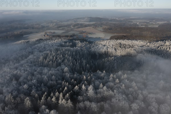 Borgholzhausen, North Rhine-Westphalia, Germany, aerial view of snow-covered Teutoburg Forest,