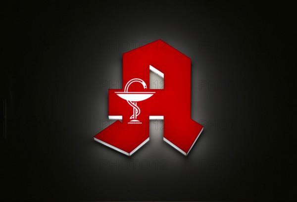 Night shot, logo, red neon sign, pharmacy sign with Aesculapian stick, Aesculapian stick,