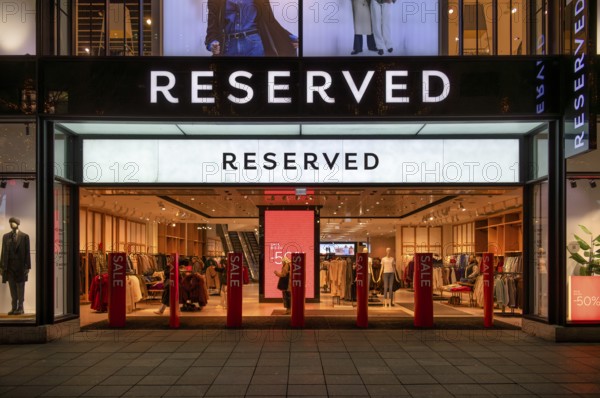 Night view, SALE, shop window, window display, RESERVED, logo, department store chain, retail,